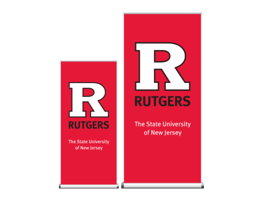 Vertical Pullup Banner with the Rutgers R and Stand