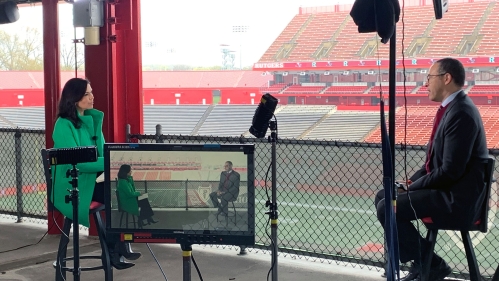 Meg Oliver for “CBS This Morning" interviews President Holloway at SHI Stadium