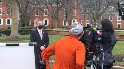 Executive Vice President and Chief Operating Officer Anthony Calcado is interviewed by MSNBC on campus regarding student vaccinations