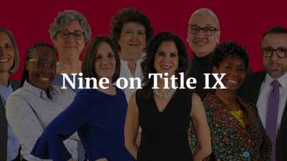 A group of people with an overlay of the text Nine on Title IX