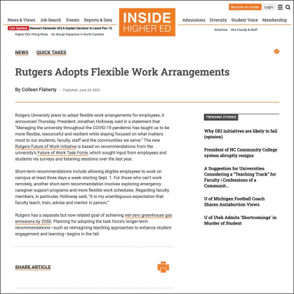 Rutgers Adopts Flexible Work Arrangements, Inside Higher Ed article