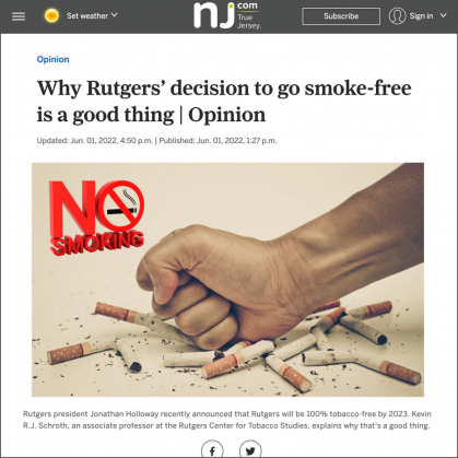 NJ.com article on Why Rutgers’ decision to go smoke-free is a good thing