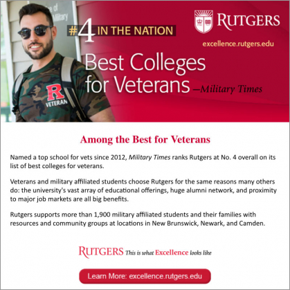Rutgers Ranks #4 for Best Colleges for Veterans