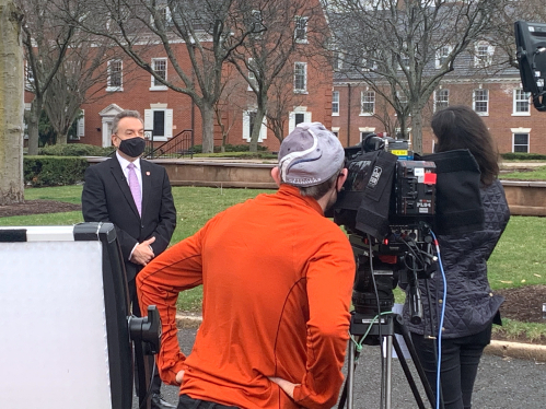 Executive Vice President and Chief Operating Officer Anthony Calcado is interviewed by MSNBC on campus regarding student vaccinations